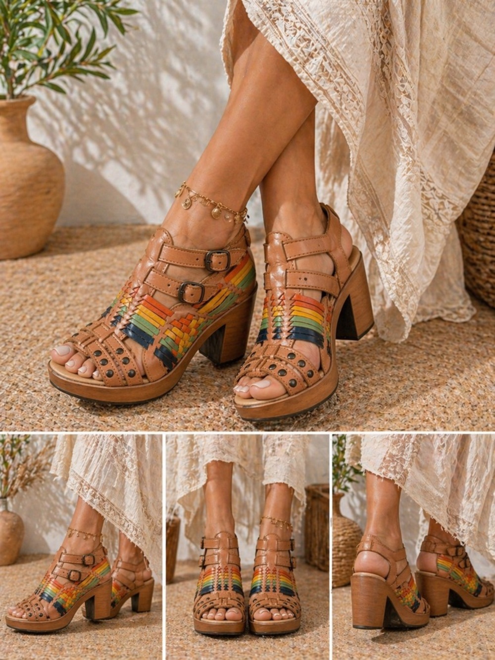 Macarena Leather Woven Heels Boho Chunky Sandals Size 5.5/6